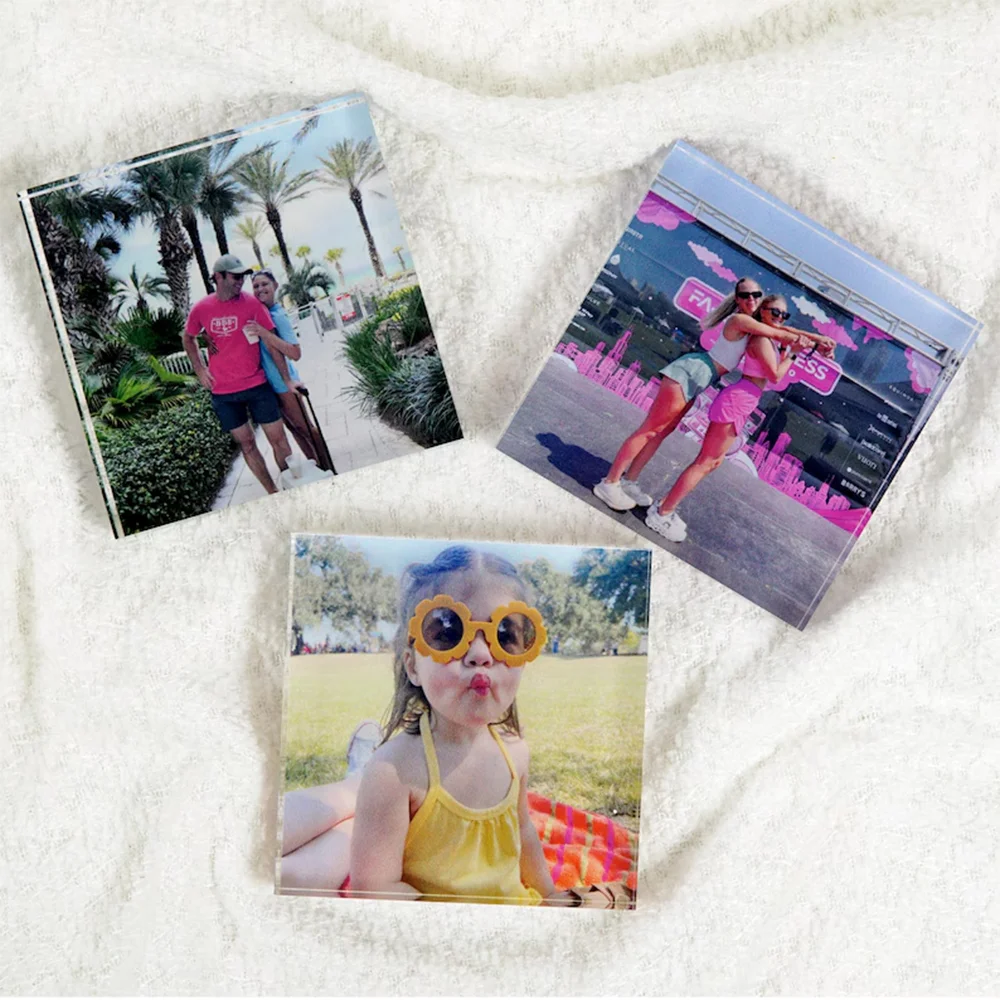 A Custom Acrylic Desktop Decoration with Personalized Photo Options, Including Artistic Images, Couple Portraits, and Family Pho