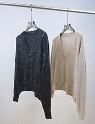 Elegant classic sequined shiny cashmere-linen sweater with long sleeves