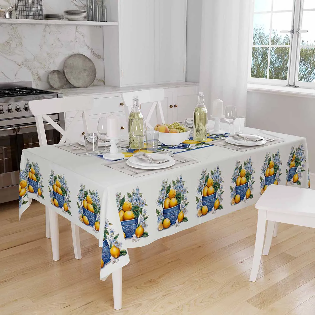 Blue Vase on Yellow Lemons Design Printed Rectangular Table Cloth Table Cover for Wedding Party Dinning Table Decor