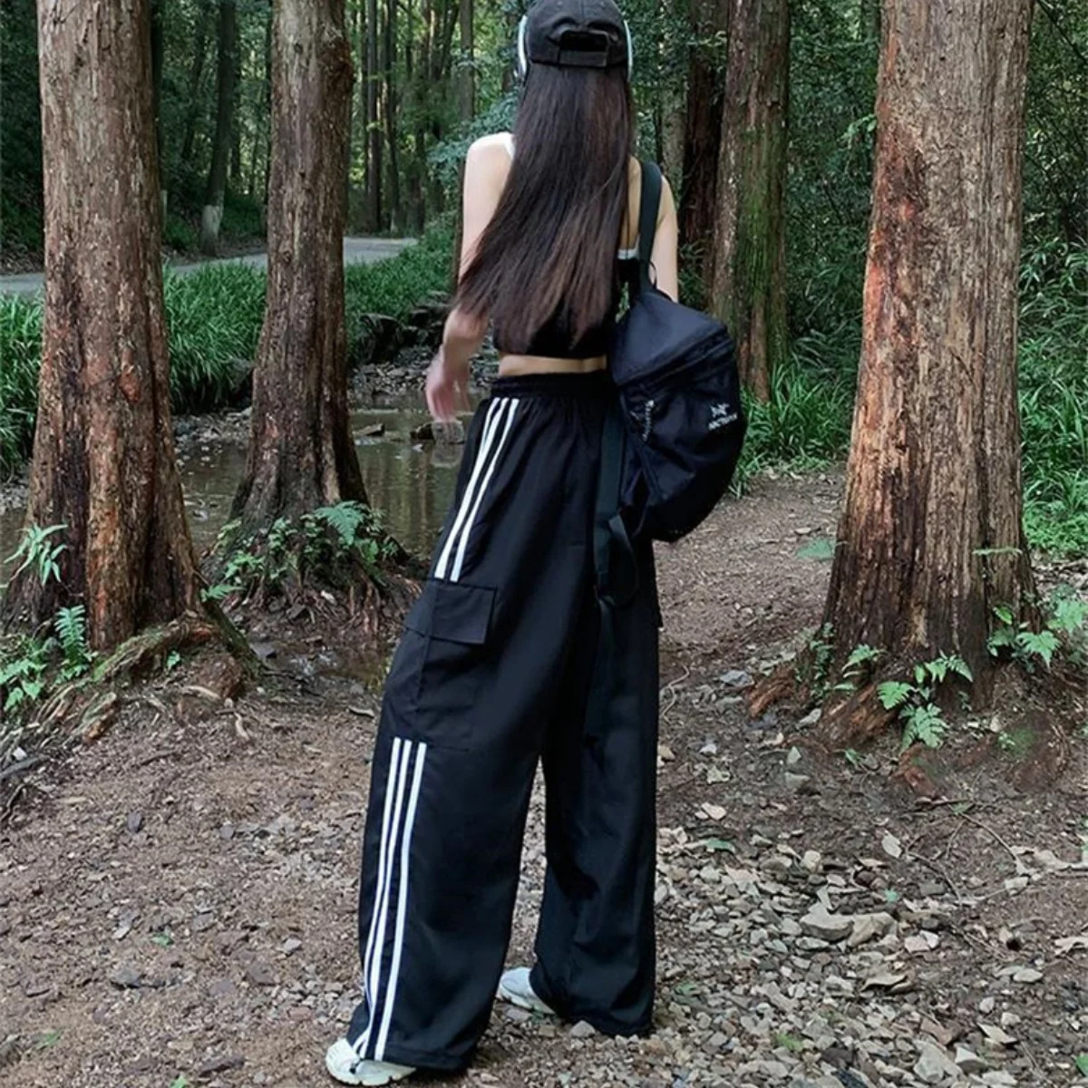 النساء Y2k واسعة الساق السراويل الترنك فضفاض الجانب مخطط ركض Sweatpants مرونة الخصر كتلة اللون المظلة السراويل مع جيوب