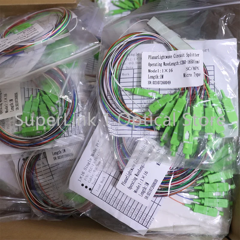 Free shipping 5/10 PCS/Lot 1X16 PLC Fiber Optic Splitter Color SC/APC SM 0.9mm G657A1 PVC 1m FTTH Fiber Optic Splitter Unequal