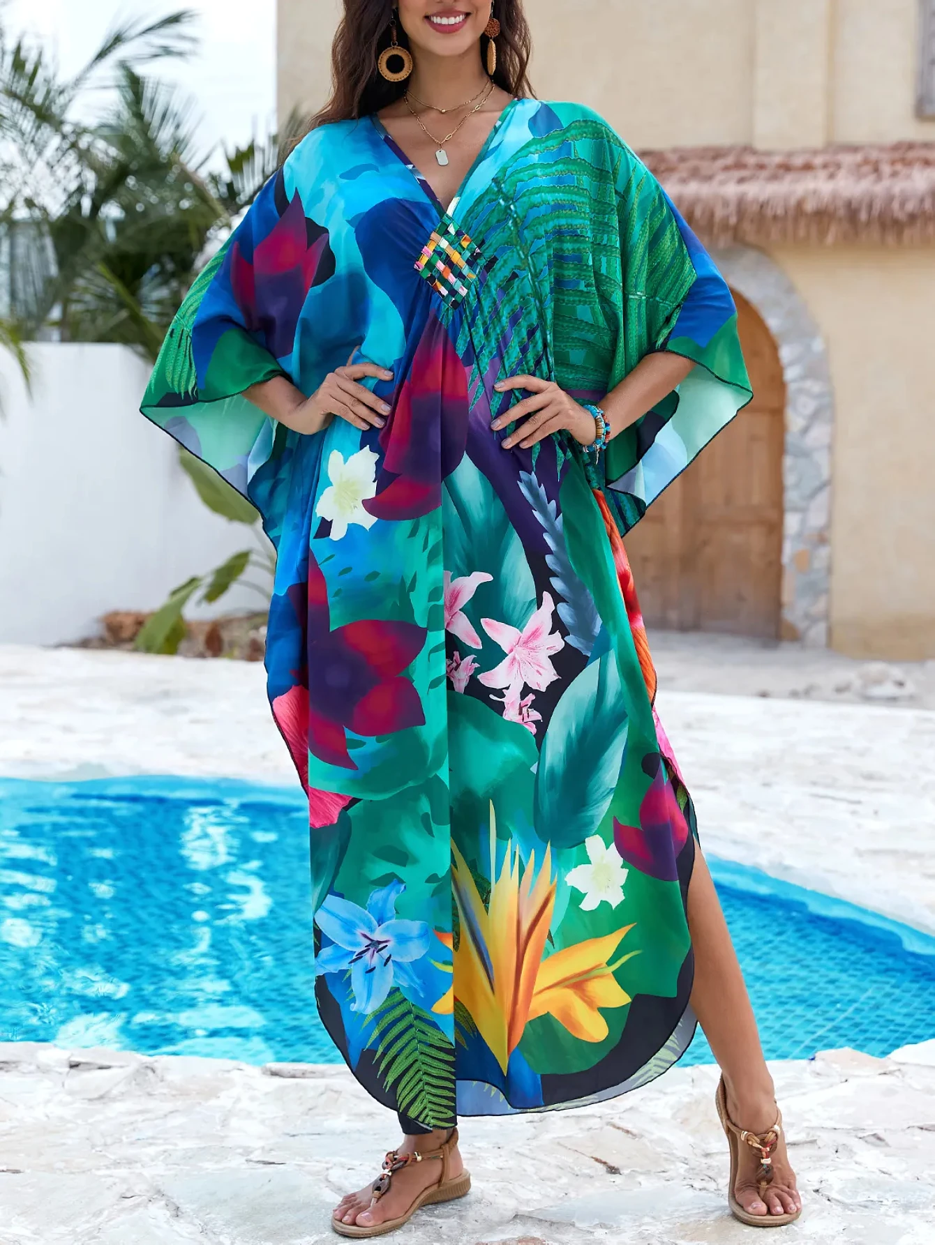 Abiti caftano da donna taglie forti scollo a V Moo Moos Batwing caftano abito da spiaggia costume da bagno copricostume loungewear