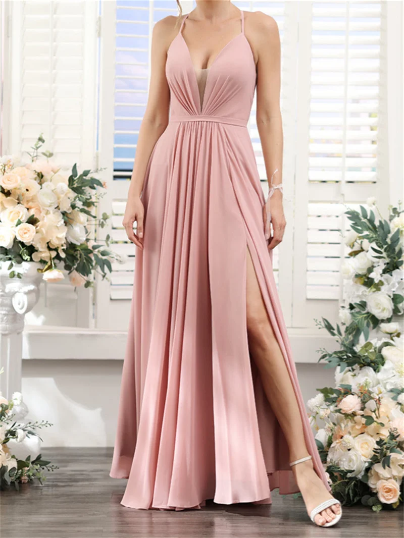 Chiffon Spaghetti Straps V-Neck Evening Dresses With Split Sleeveless Backless Corset Prom Grown A-line Long Bridesmaids Dress