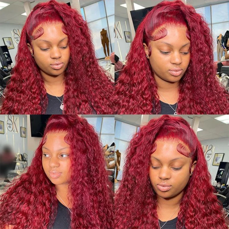 99J Burgundy 13x4 13x6 Lace Front Wigs Human Hair for Women Deep Wave Wine Red Colored Water Curly Human Hair Wig Pre Plucked