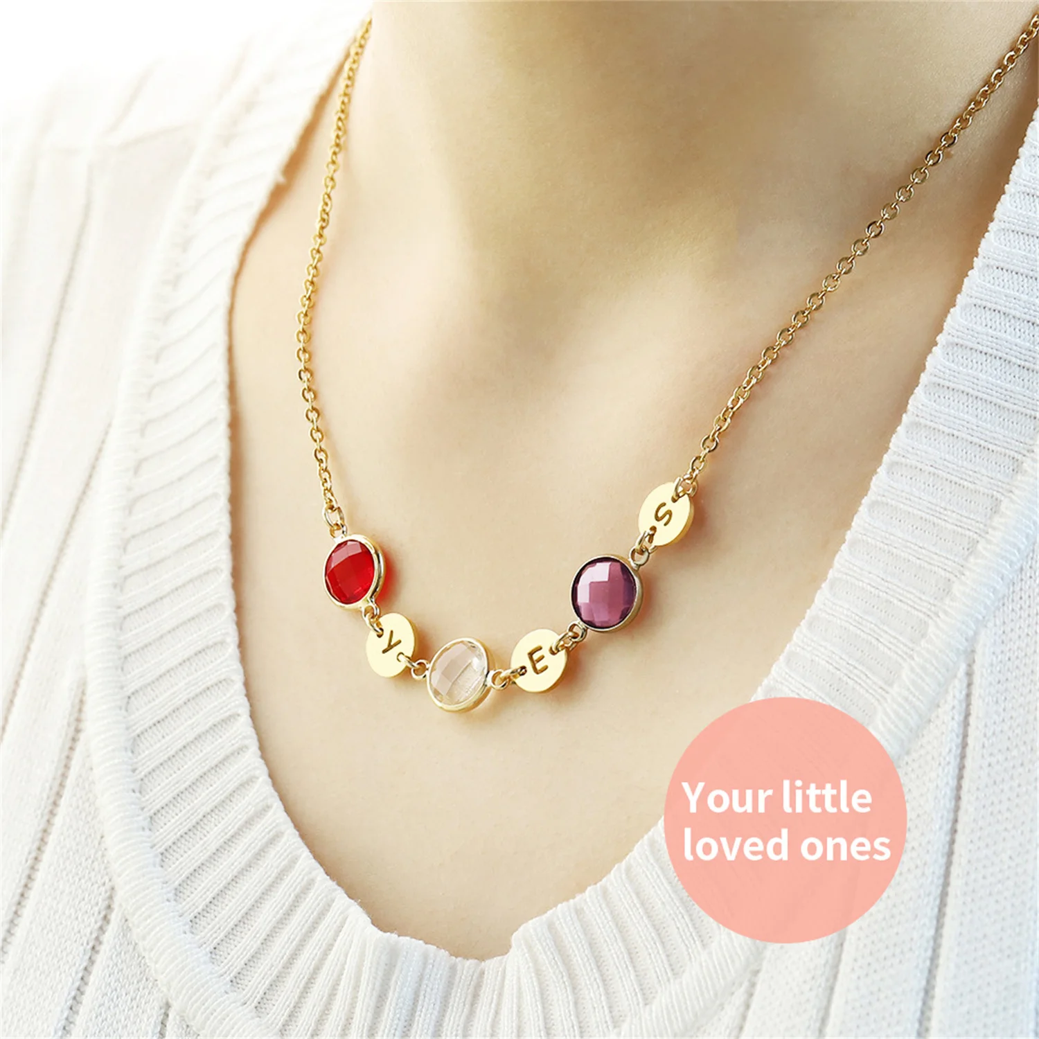 Collar con nombre de letras iniciales redondas personalizadas, joyería con piedra natal, colgante de diamante colorido personalizado, regalo de Navidad para mujer