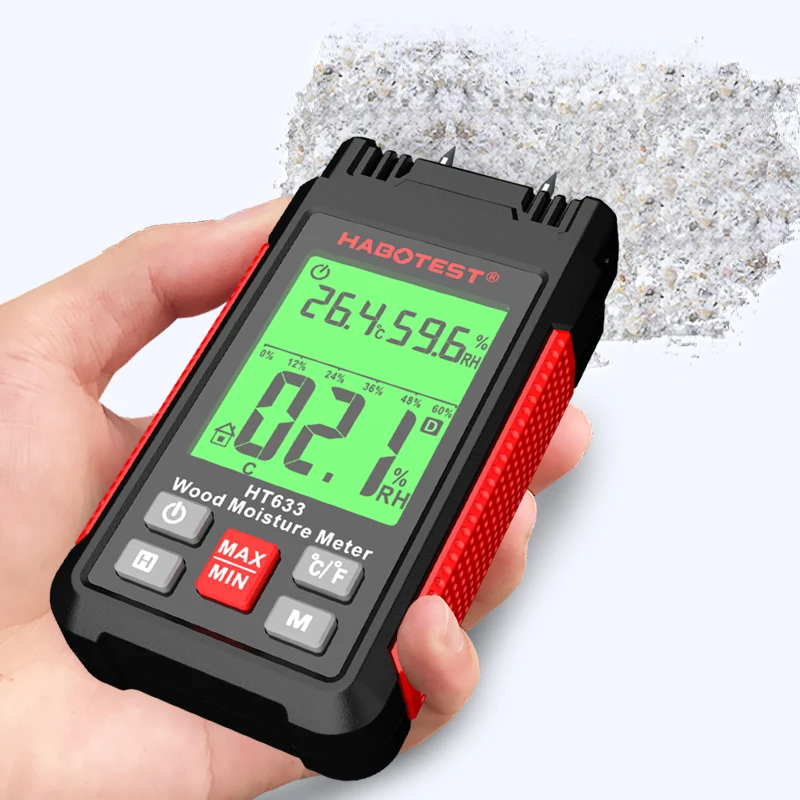 HT633 dwa piny cyfrowy miernik wilgotności drewna Tester wilgotności drewna higrometr detektor wilgotności drewna z wyświetlacz LCD z podświetleniem