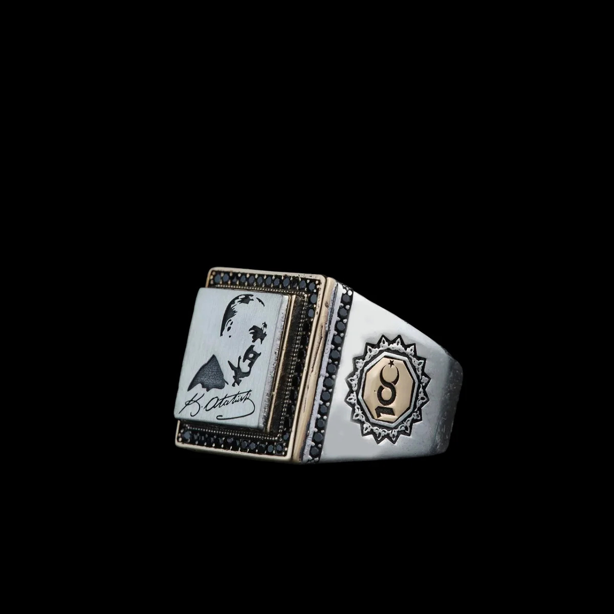 

Turkey Silver Ring with Gazi Mustafa Kemal Atatürk Picture in Commemoration of the 100th Anniversary, Unique History Ring