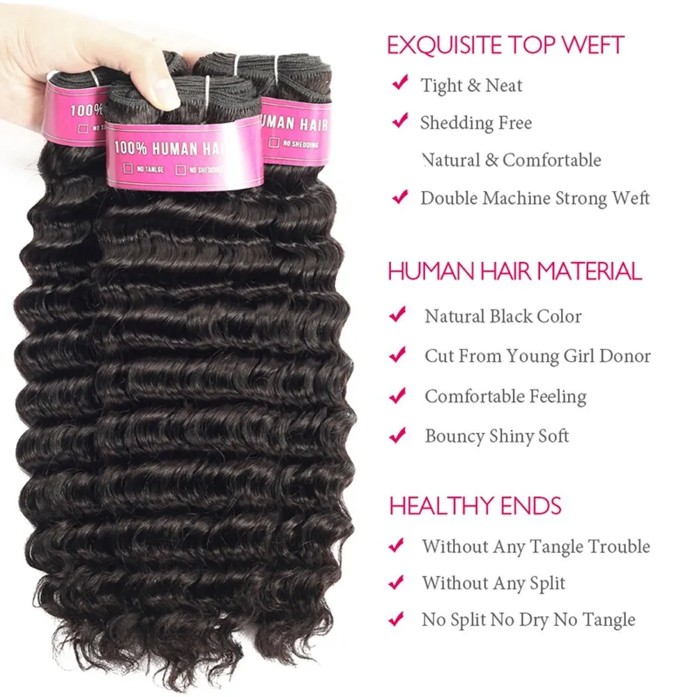 Luxediva Deep Wave Human Hair Bundles Brazilian Curly Hair 34 36 Inch Natural Black Human Hair Remy 100% Human Hair Extensions