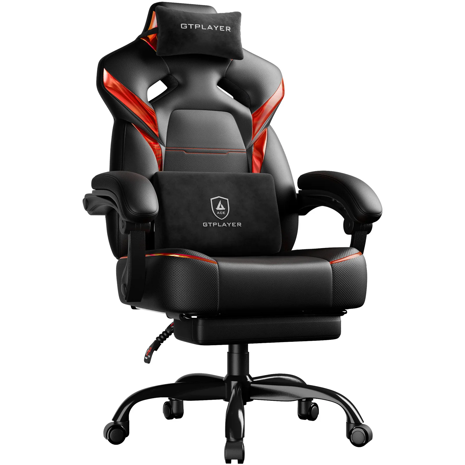 GTPLAYER Gaming Stuhl mit Fußstütze, Gamer Sessel höhenverstellbar, 200 kg Tragkraft, verstellbare Armlehnen, Lenden- und Kopfkissen, drehbarer Gamingstuhl