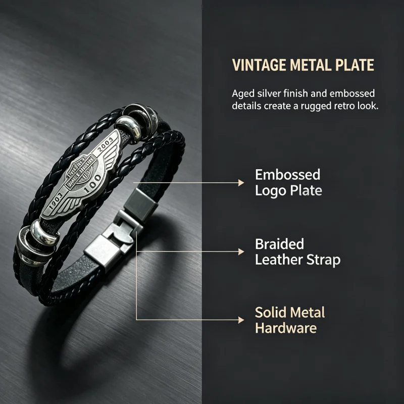 For Harley‑Davidson Motorcycle 100th‑Anniversary Logo Leather Braided Bracelets Vintage Wirstband Bracelets