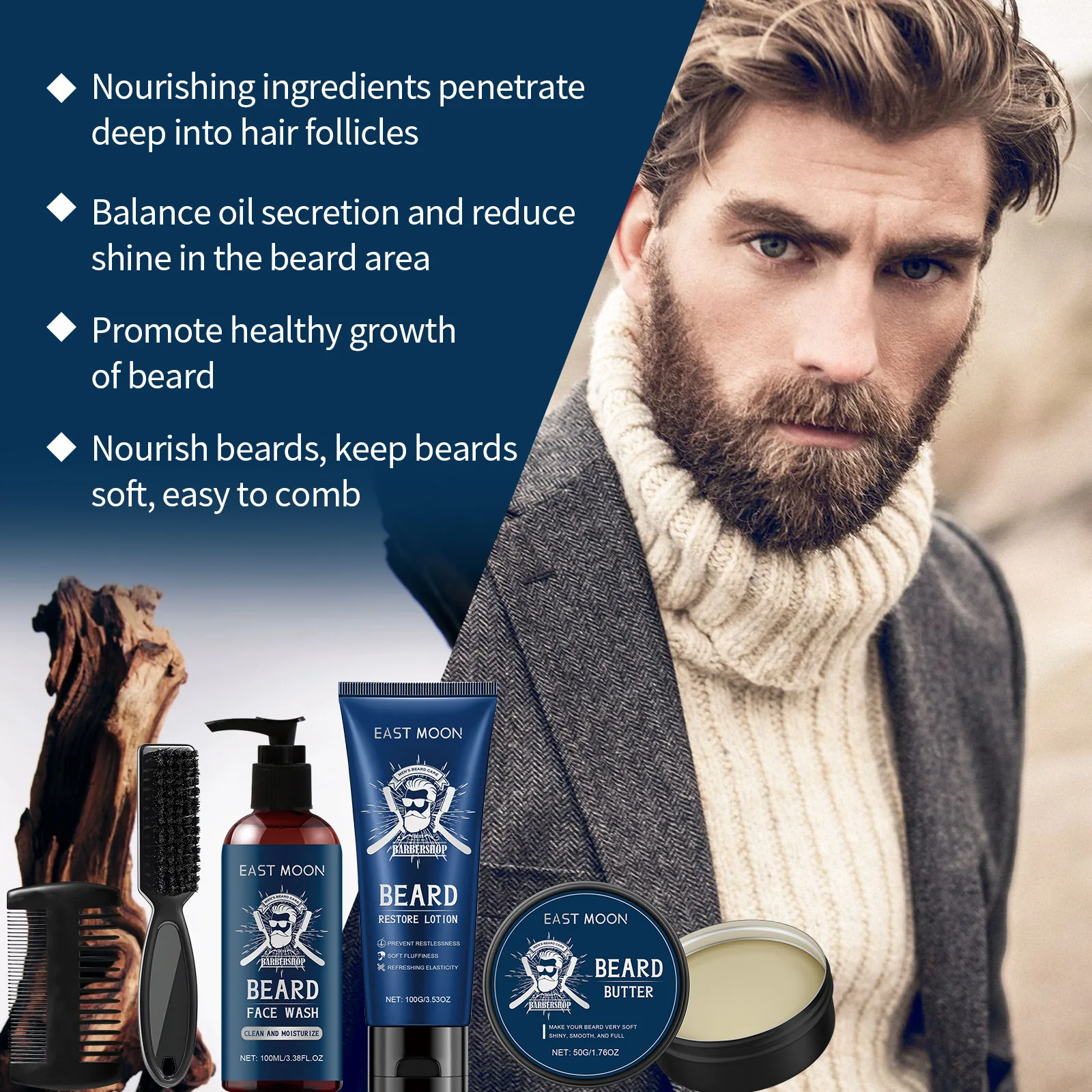 East Moon 1set Men Beard Care Kit Sandalwood Fragrance Moustache Growth Moisturizing Cleansing Improve Fluffy Beard Styling Set