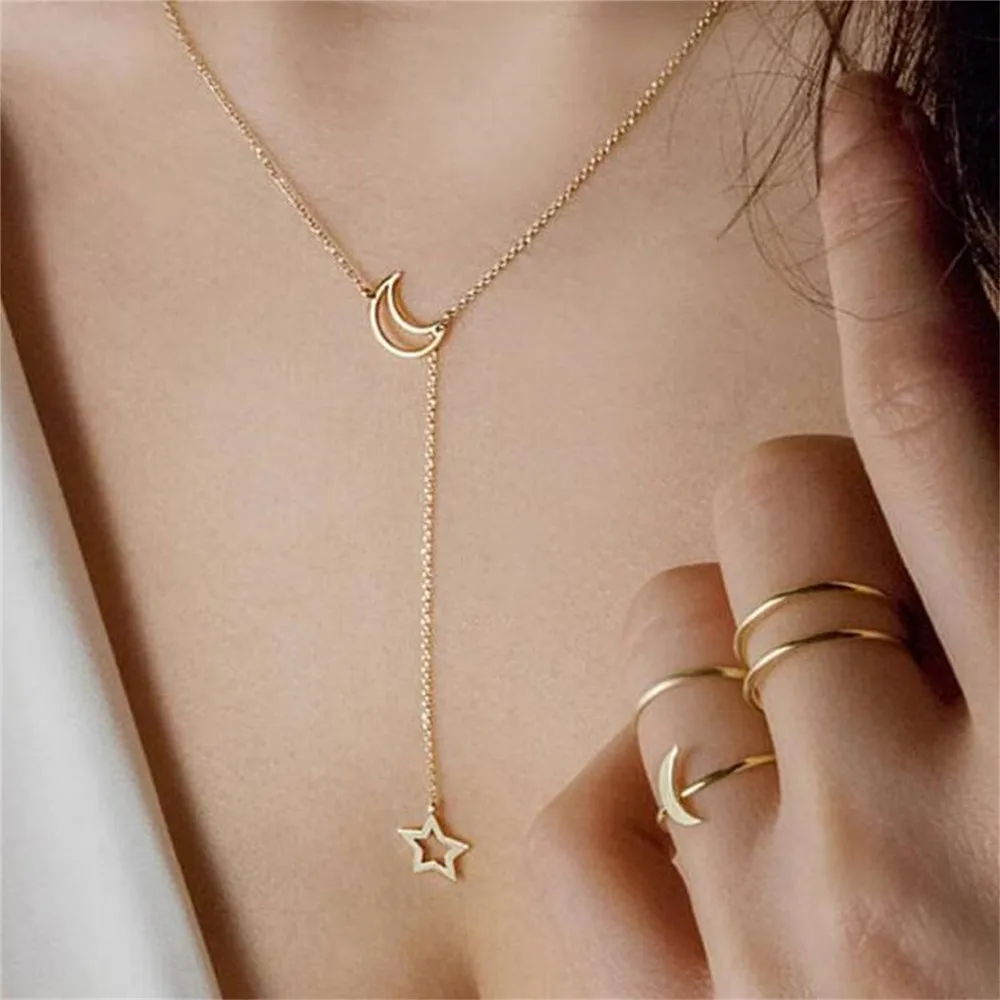 Wu\'s 2022New European and American Women\'s Fashion Models Simple  Necklace Niche Popular Moon Star Collarbone Chain Bohemian