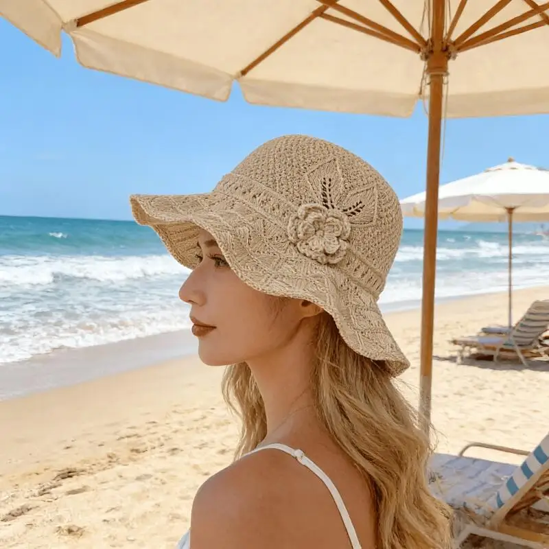 Damen Bohemian Blumenmuster Breiter Rand Floppy Strohhut Faltbarer UV-Schutz Strand-Sonnenhut für Damen Frühling Ostern Urlaub Reise Outdoor Mode Packbarer Windresistenter Sonnenhut für Pool, Meer,