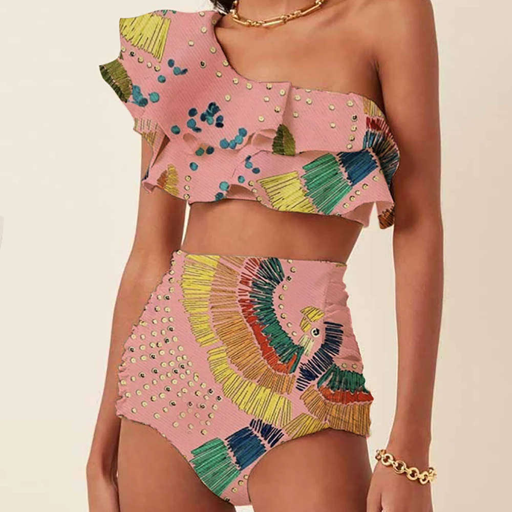 Maillot de bain deux pièces pour femmes, tankini, imprimé brodé, à volants, push up, micro, patchwork