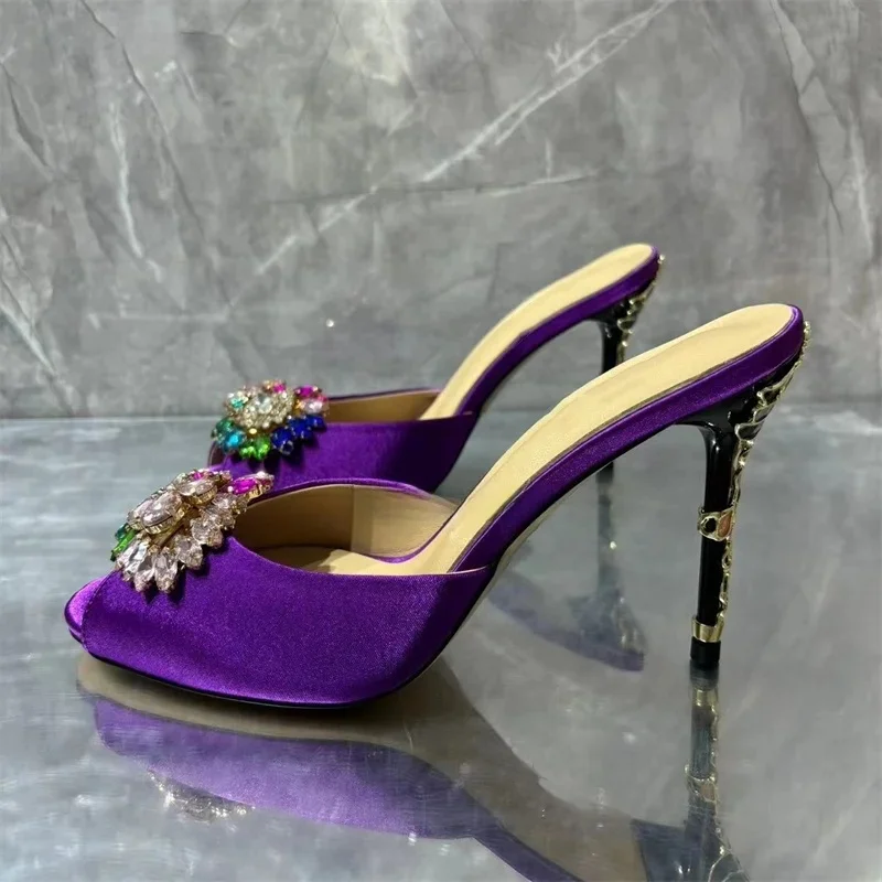 Crystal Stiletto High Heels Purple Velvet Slippers for Women Banquet Shoes Sexy Sandals Shoes Handmade High Quality Big Size 43. — zdjęcie 2