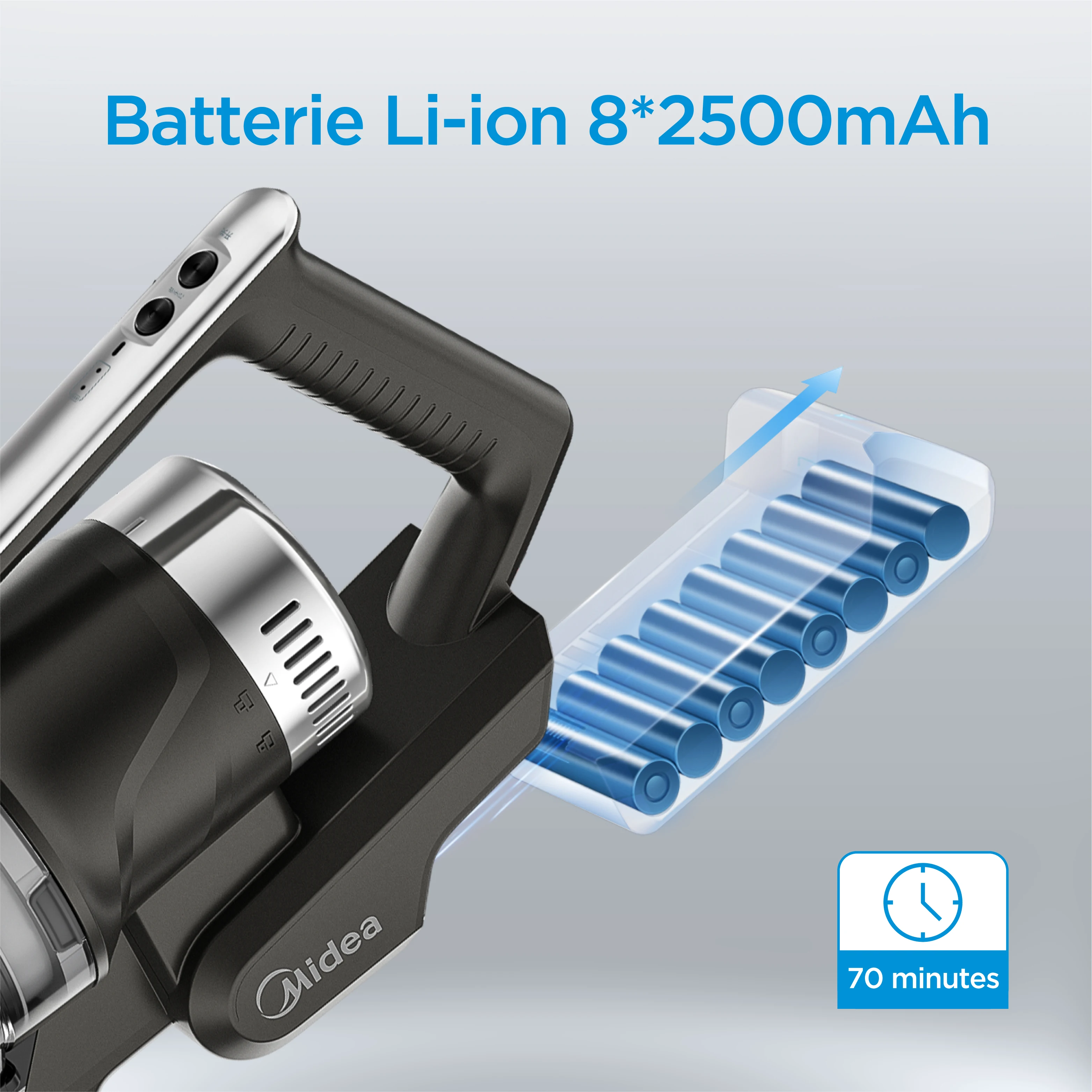 Midea-P7 구부릴 수 있는 무선 스틱 진공 청소기 450W 25KPa 브러시리스 모터 사용, 작업 시간 70 분 이동식 배터리 0.8L 먼지 컵