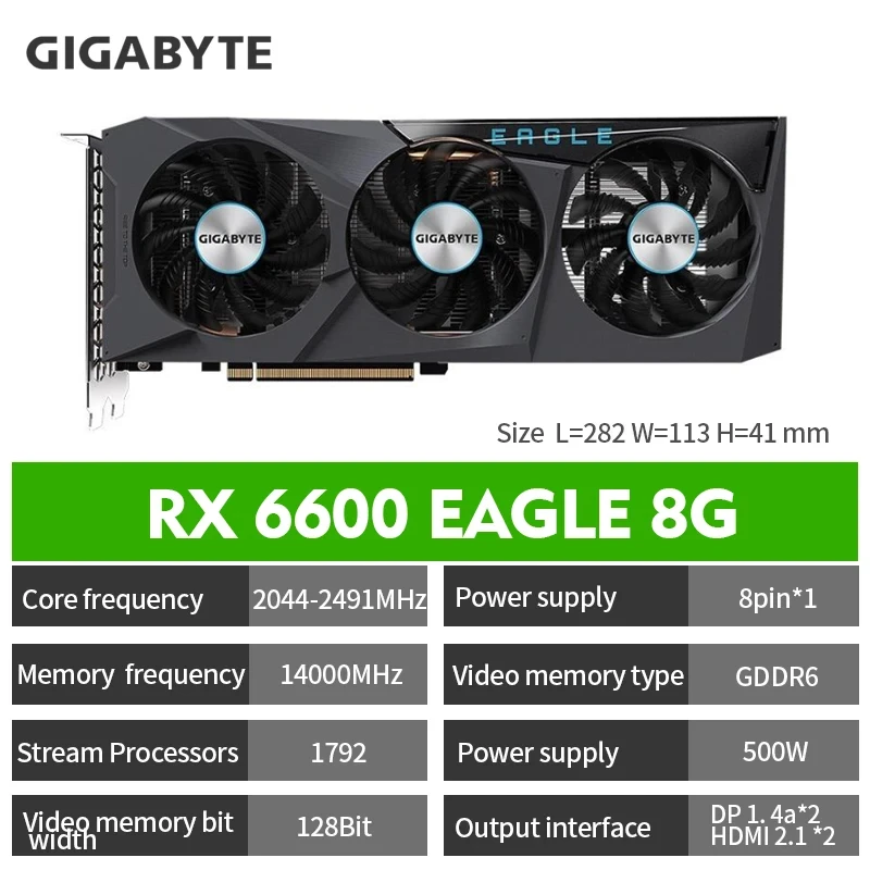 USED GIGABYTE Radeon RX6600 EAGLE 8G GDDR6 Graphics Cards 2491MHz 128bit PCIe 4.0 RX 6600 GPU with Triple Fan Video Cards