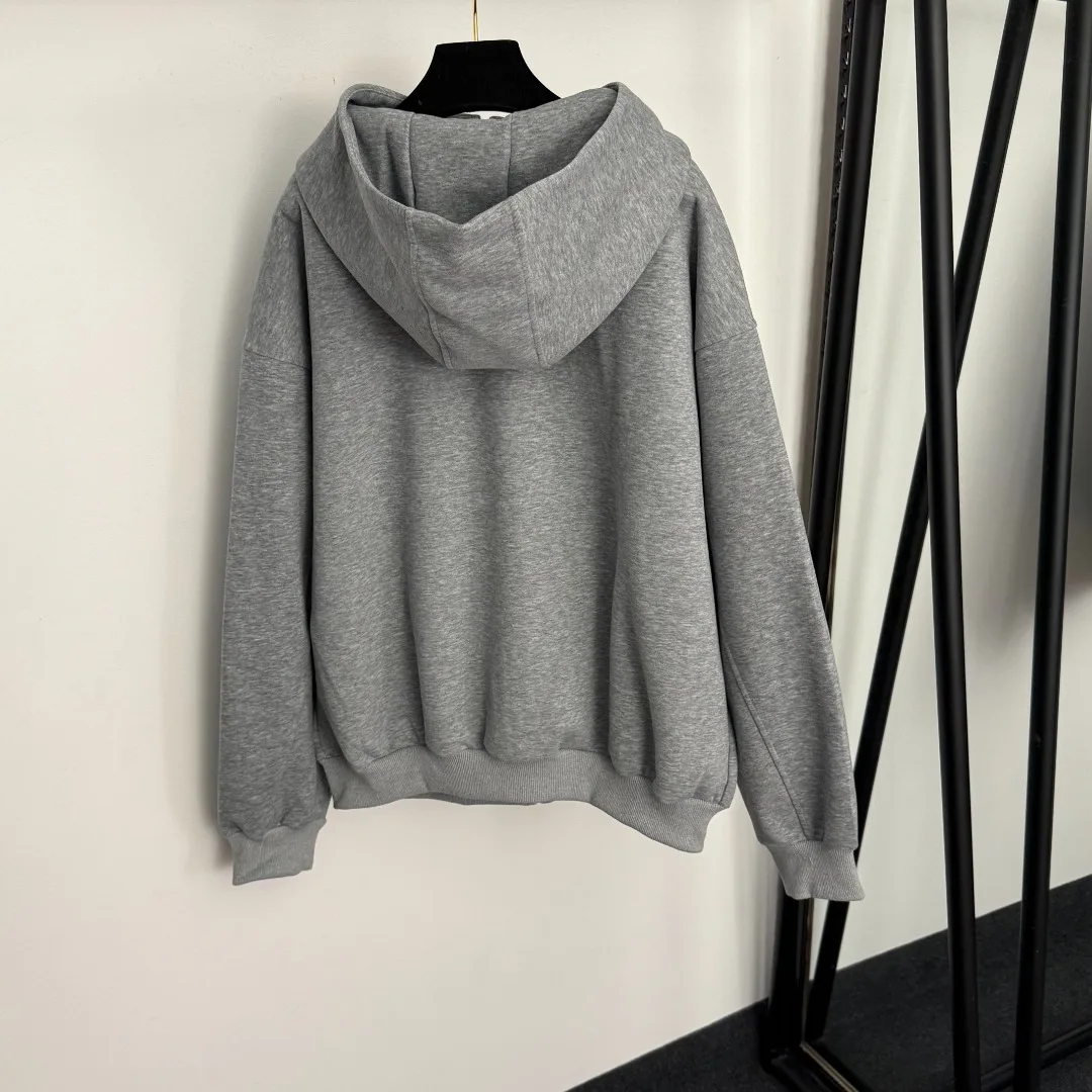 

Women New Coat Autumn Winter Embroidery Hooded Zipper Fashion Simple Flocking Loose Casual Coat