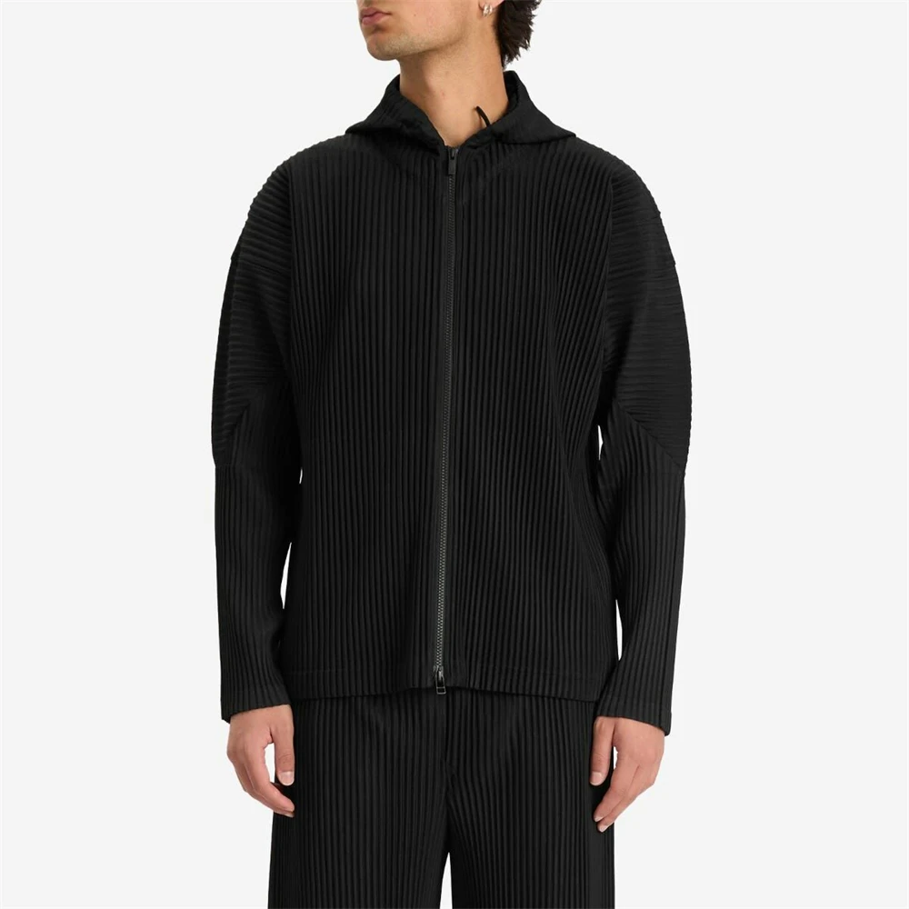 Miyake Men's Pleated Jacket Hooded Zip Up Coat Relaxed Fit Two Way Zipper Japanese Minimal Casual Outerwear
