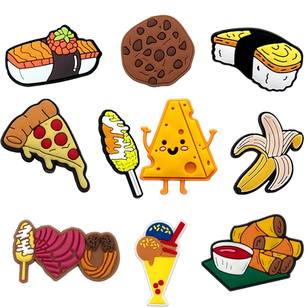 1/10 pièces nourriture PVC chaussures breloques fromage Pizza maïs Sushi chaussures décorations biscuits banane crème glacée Dessert printemps rouleau broche sabot Jean
