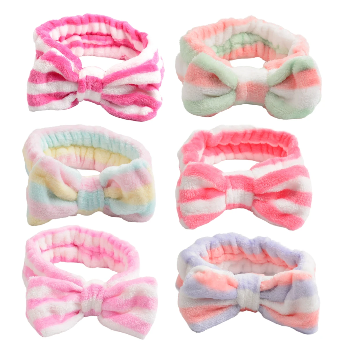 6 Pcs Spa Facial Headbands Set - Soft Fleece Headbands for Makeup, Face Washing, Skin Care, Yoga, and Shower with Bow Hair Band