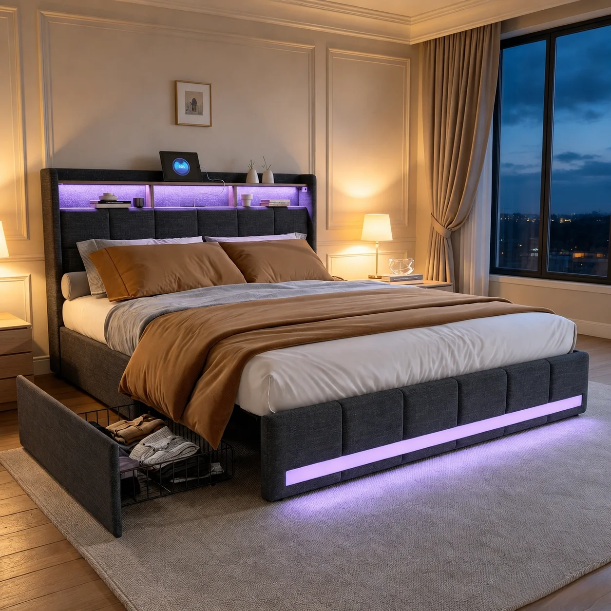 Gepolstertes Doppelbettgestell mit LED-Beleuchtung, seitlichen Aufbewahrungsschubladen und Ladestation, multifunktionales Kopfteil, Leinen, Matratze nicht enthalten, grau