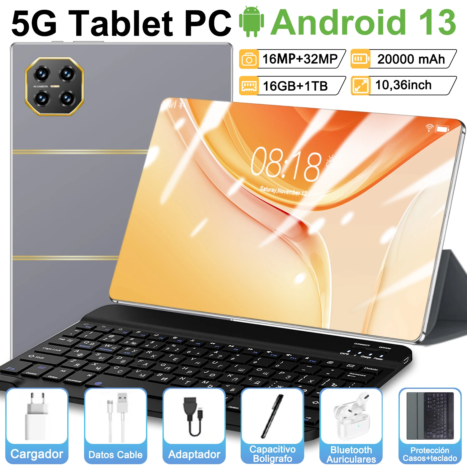 Tablet 2026 con Android 13, Pantalla HD de 10.36 Pulgadas, 16GB+1TB, 12000mAh, 14 Núcleos, 5G, Doble SIM, Bluetooth, WiFi, GPS