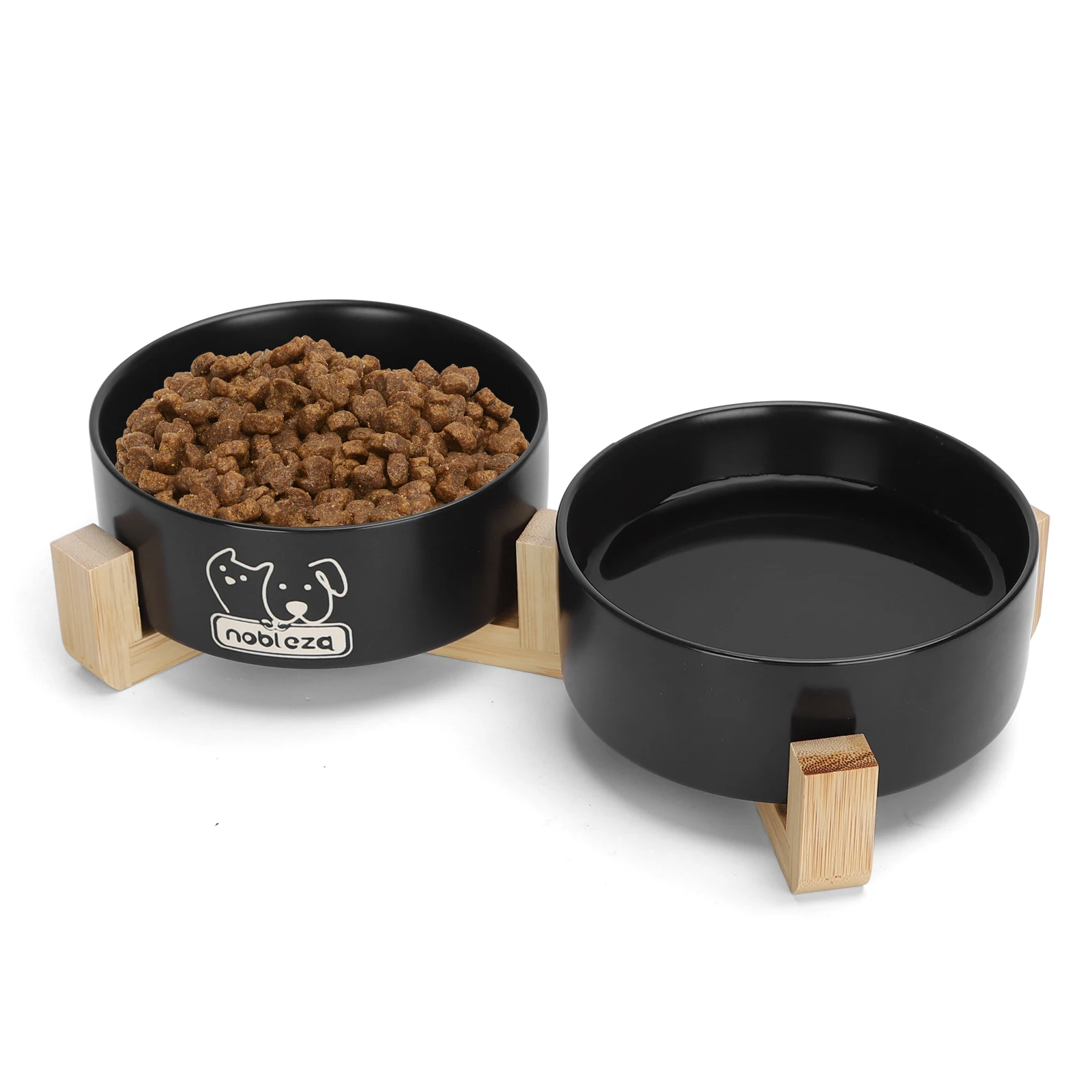 Nobleza Comedero para Perros y Gatos de Cerámica 400ml – 2 Cuencos con Soporte de Bambú Antideslizante, Plato para Comida y Agua, Ideal para Gatos, Razas Pequeñas y Cachorros (Negro)