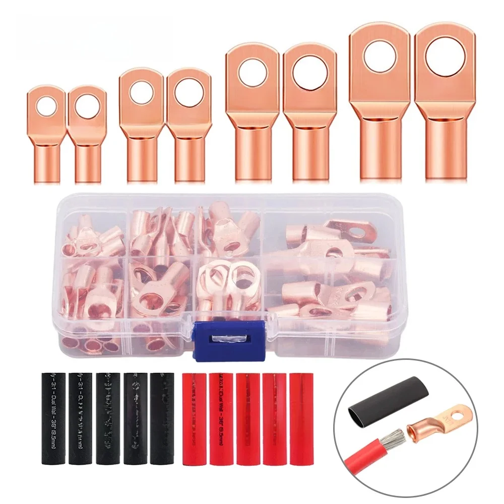 120 pièces cosse de fil de cuivre AWG2 4 6 8 10, 60 pièces connecteur de terminal d'anneau de câble de batterie, avec 60 pièces kit combiné de tube thermorétractable