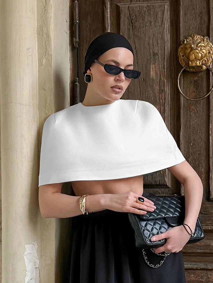 

Элегантные женские укороченные топы-накидки, однотонные футболки без рукавов с круглым вырезом, модные клубные пончо для вечеринок, весна 2026, женские накидки