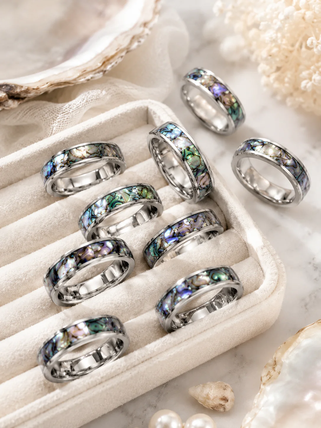 20 Stück Modische Natürliche Muschelringe aus Edelstahl, Nie Verblassend, für Damen und Herren, Schmuck in Großmengen LR4029 – Detail 1
