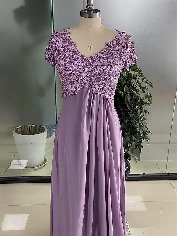 15575# Elegant V Neck Short Sleeves Maxi Mother Of The Bride Dress With Appliques Chiffon Wedding Party Guest Prom Evening Gown