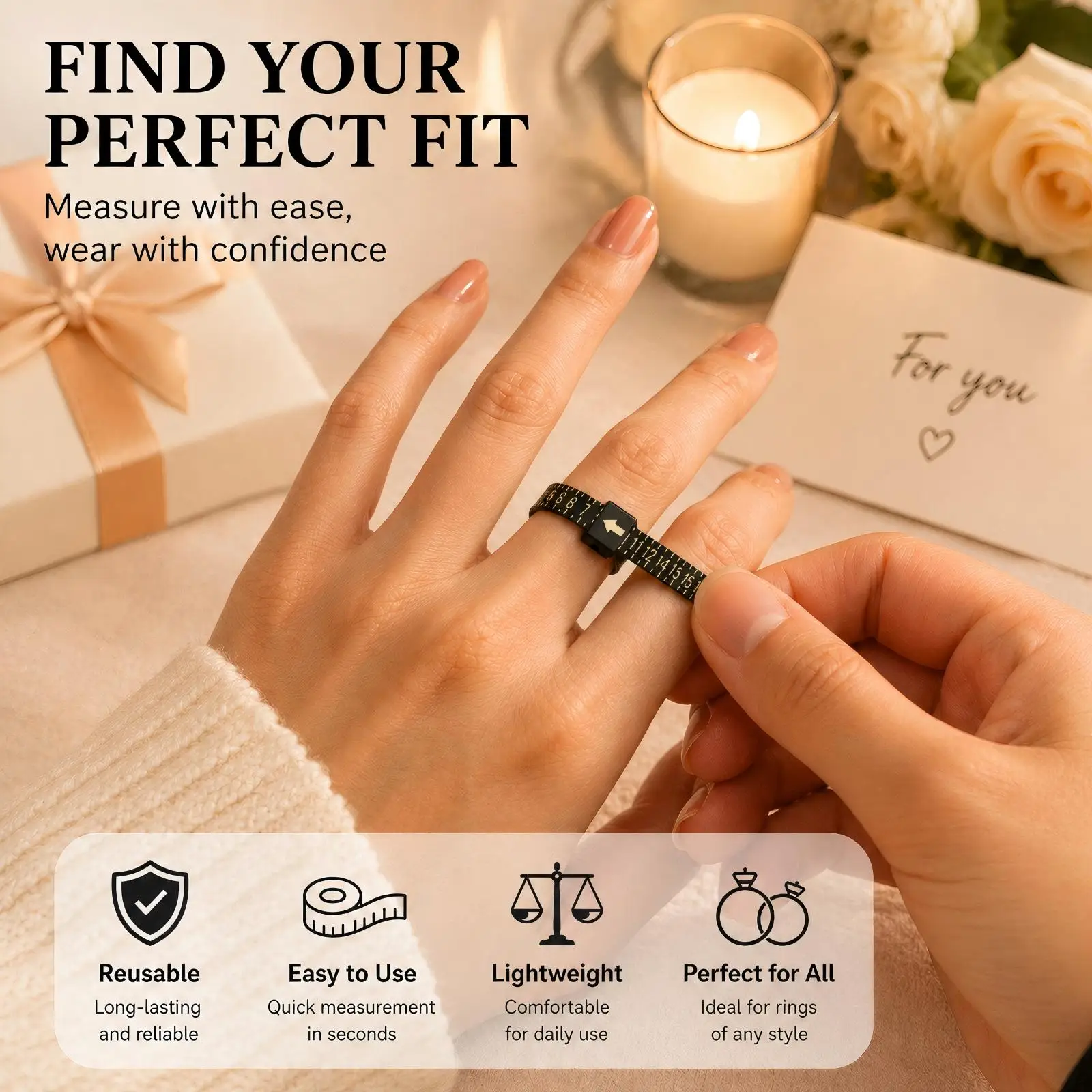 AHT Ring Sizer Measuring Tool Set US 1-17 UK A-Z Finger Size Gauge Reusable Plastic Measuring Belt for Jewelry Ring Size Checker