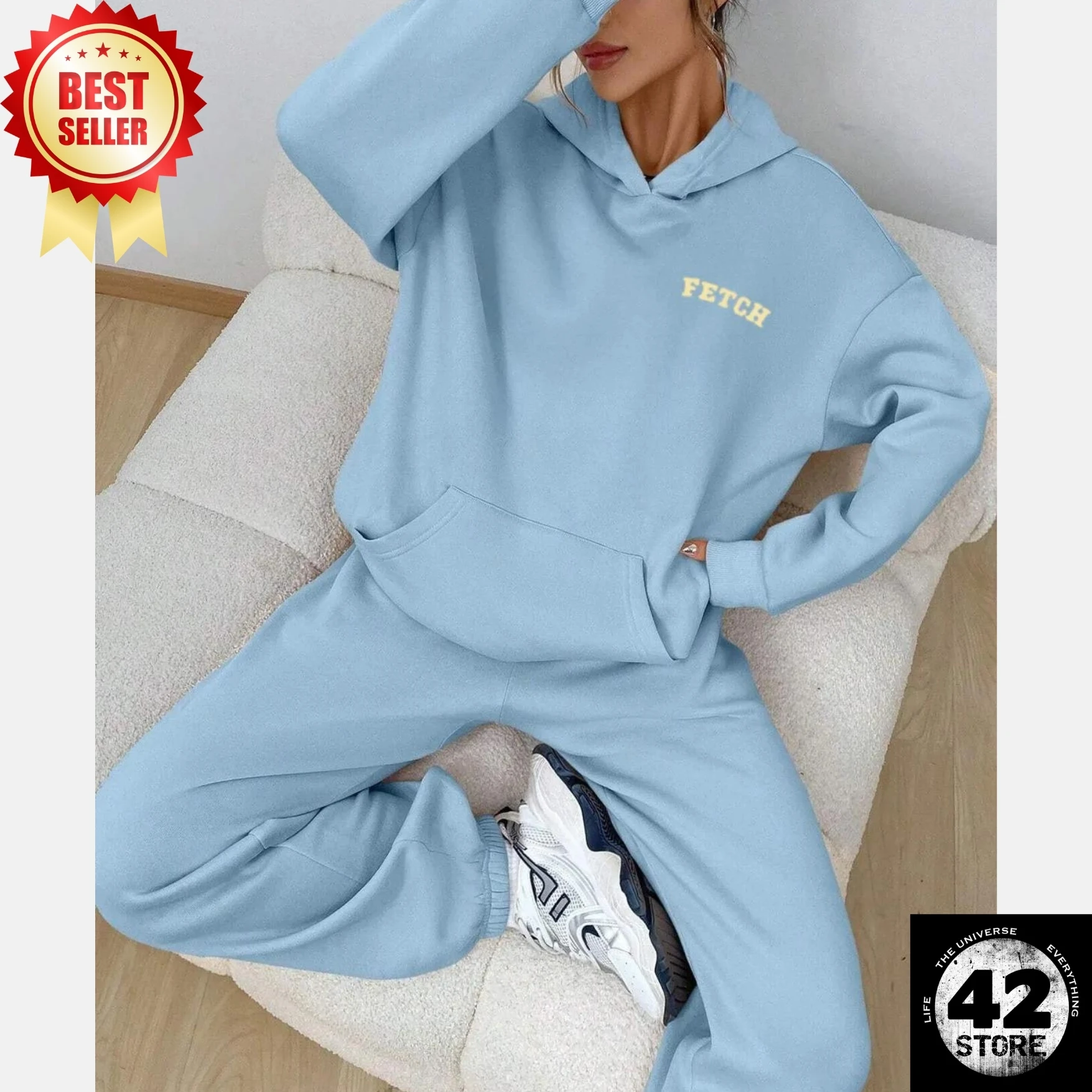 Printed Loose-Fit Hooded Very Comfortable Baby Blue Tracksuit Set