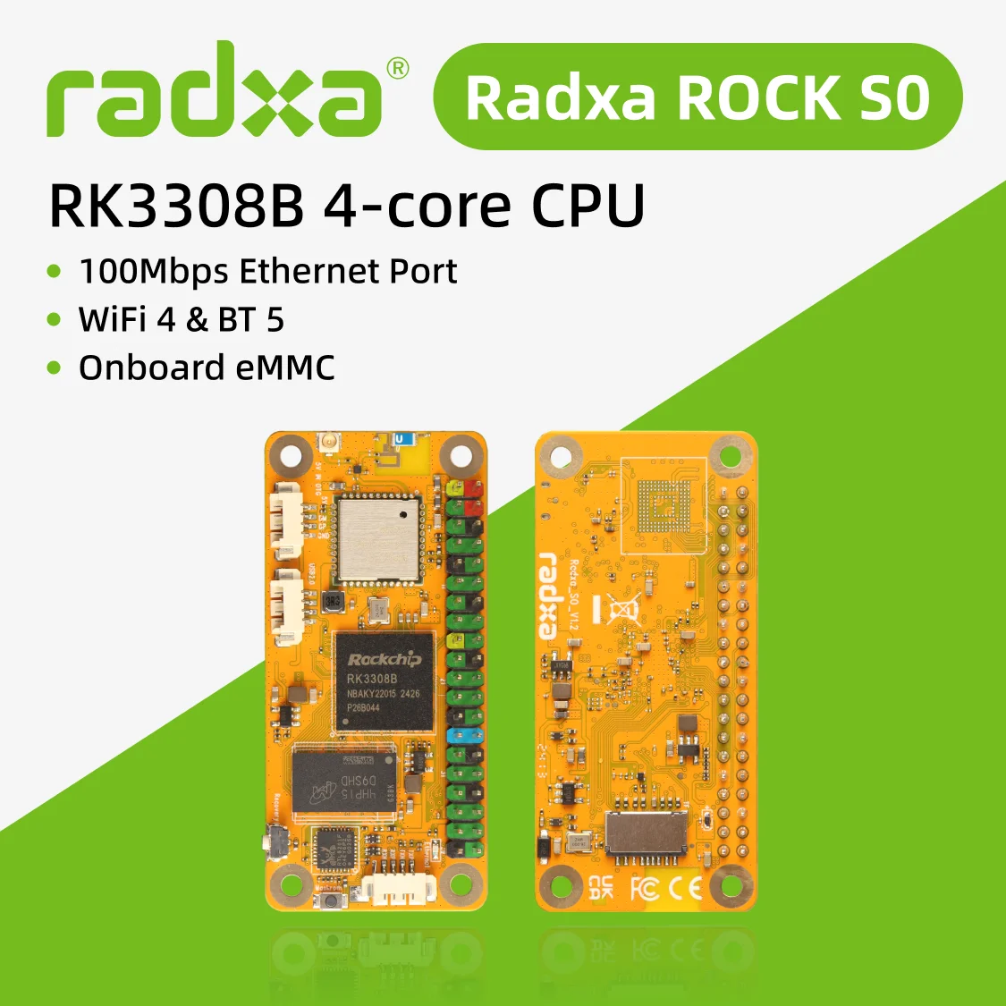 Radxa-RK3308B Computador de Placa Única, RK3308B, CPU de 4 núcleos, Ethernet 100Mbps, WiFi 4 e BT 5, eMMC