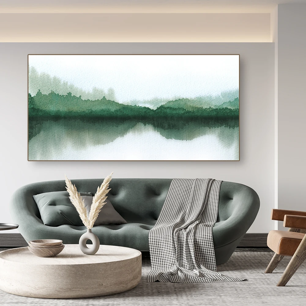 

Classic Large Green Lake Forest Reflection Wall Watercolor Art Panoramic Canvas Painting Poster Living Room Corridor Decoration