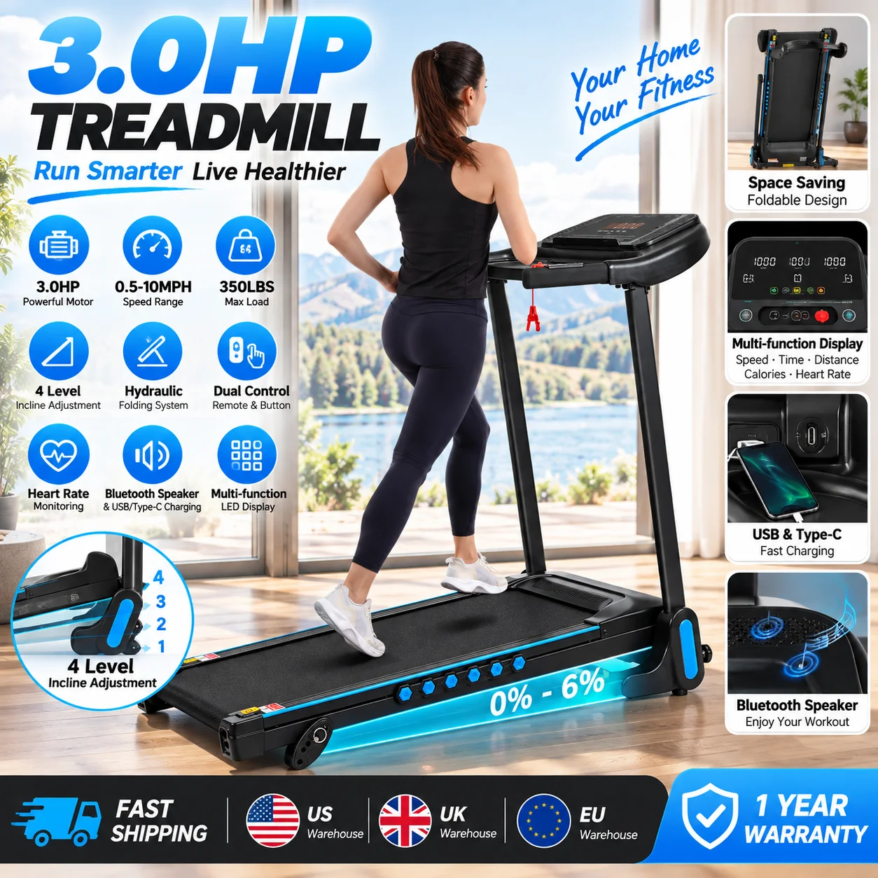 3.0HP Folding Treadmill for Home 0.5-10MPH 350LBS 4 Level Incline Bluetooth Heart Rate Running Machine