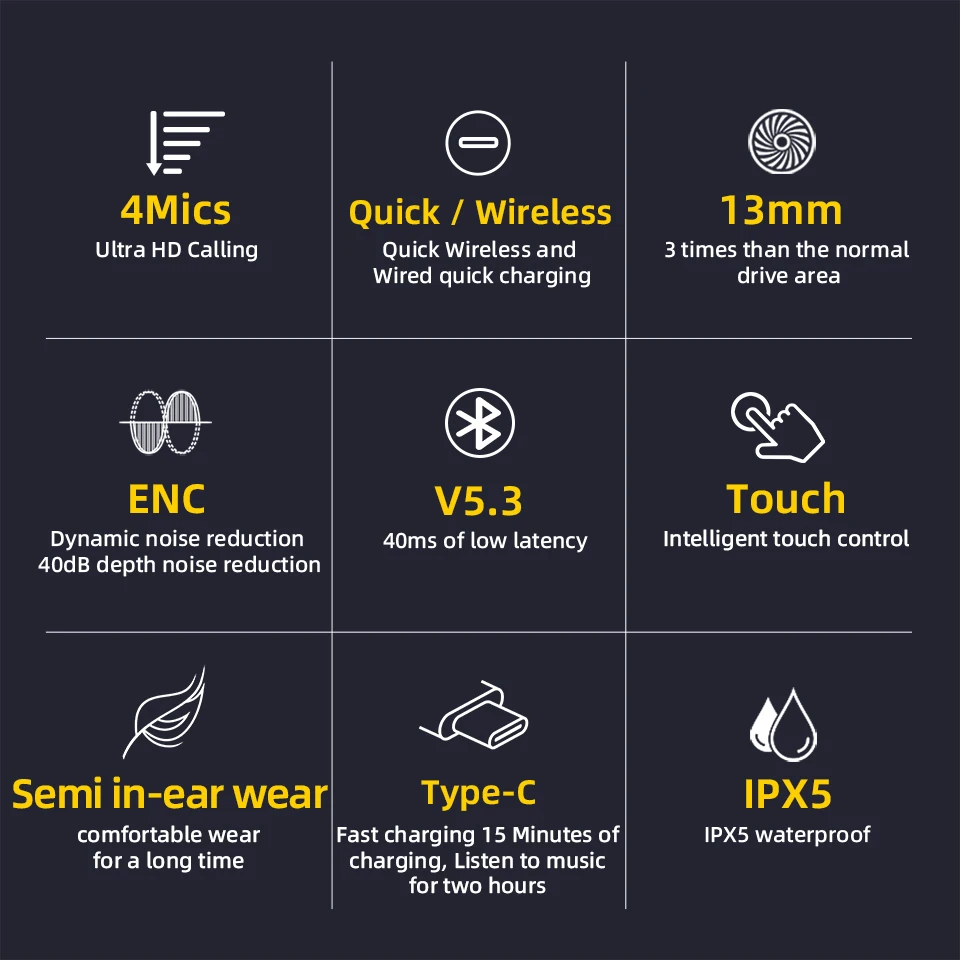 EMEY T11 Wireless Bluetooth Earphones ENC Noise Canceling with 4 Mics Touch Control V5.3 Gaming Headset HD Call TWS Earbuds IPX5