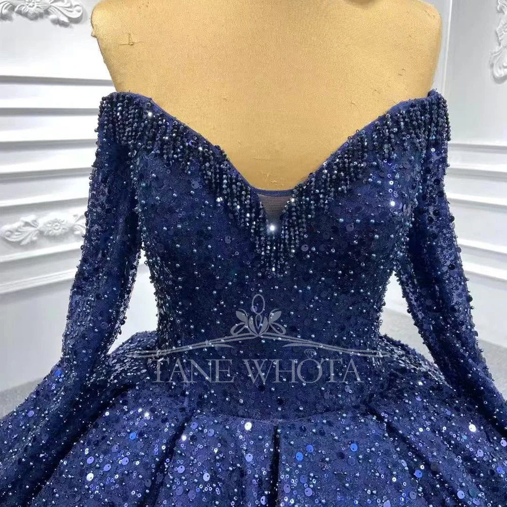 Abito da sera blu navy di lusso 2025 con spalle scoperte maniche lunghe perline abito da ballo con paillettes abiti lunghi da ballo