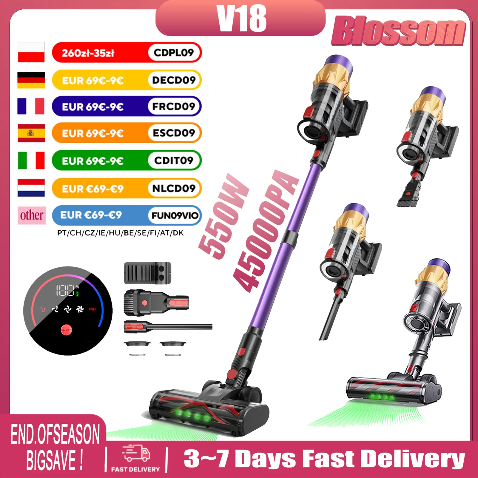 Aspirateur à main Blossom V18 avec écran tactile, autonome, charge murale 600W 50KPA pour la maison