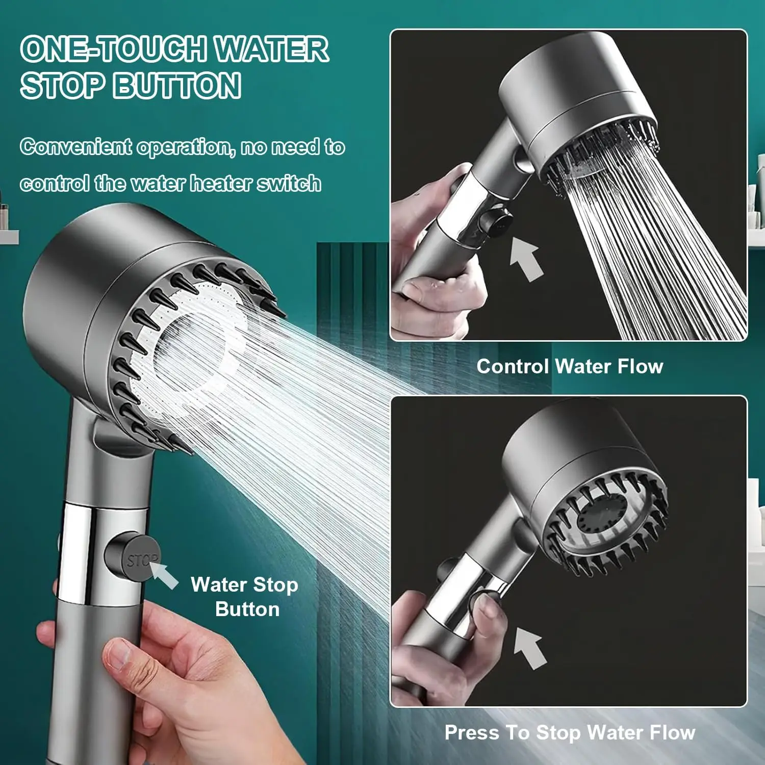 High Pressure Shower Head, High Power Shower Head and Hose with 4 Filters, 59 Inch Hose and Bracket, 4 Spray Modes and Pause Switch, Shower Head