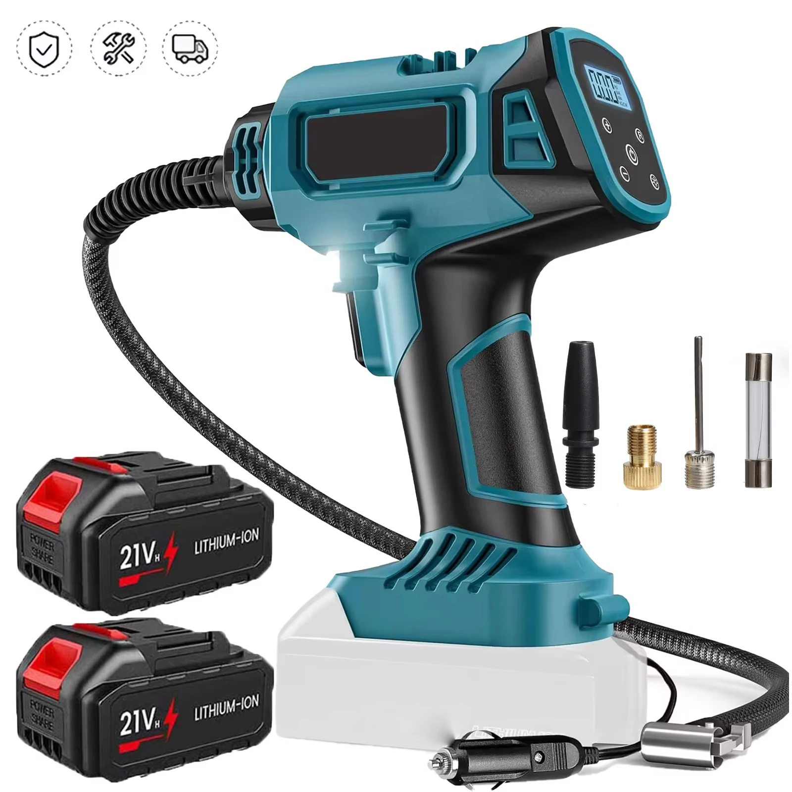 Pompe à air portable sans fil 21V avec écran numérique, multifonction, pour pneus, ballons de basket, vélos, pompe de gonflage d'urgence pour les voyages et le camping avec 2 batteries