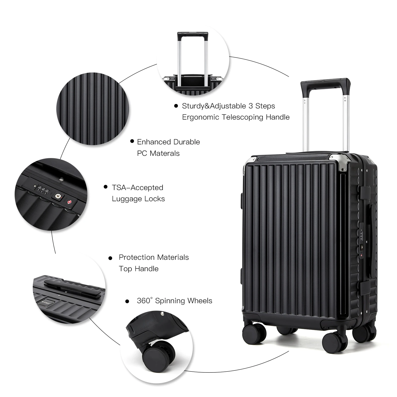 Afbeelding 6: KONO 3-delige kofferset 20+24+28 inch, harde PC trolleys met bekerhouder, aluminium frame zonder rits, TSA-slot en 4 draaibare wielen voor gezins- en zakenreizen
