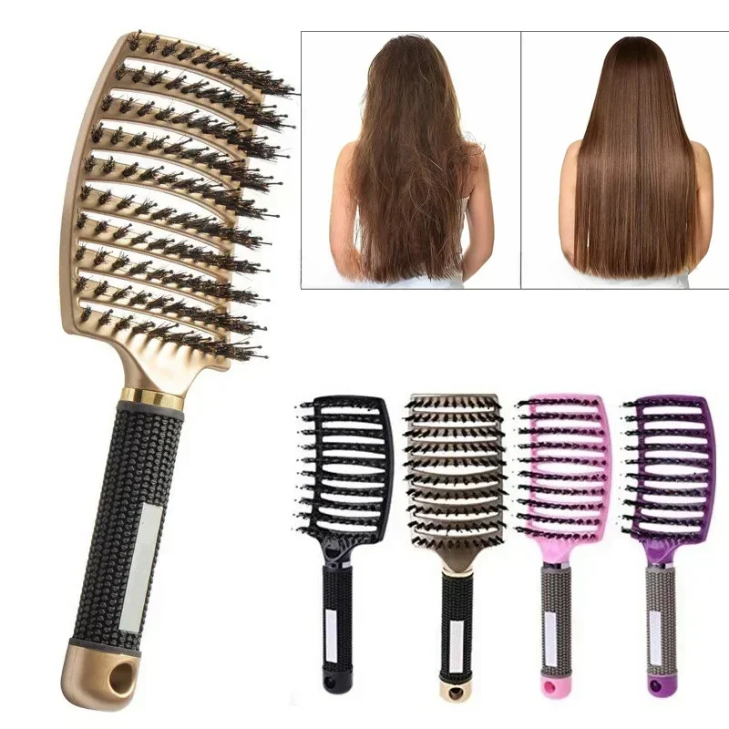 Escova de cabelo couro cabeludo massagem pente escova de cabelo cerdas de javali náilon feminino