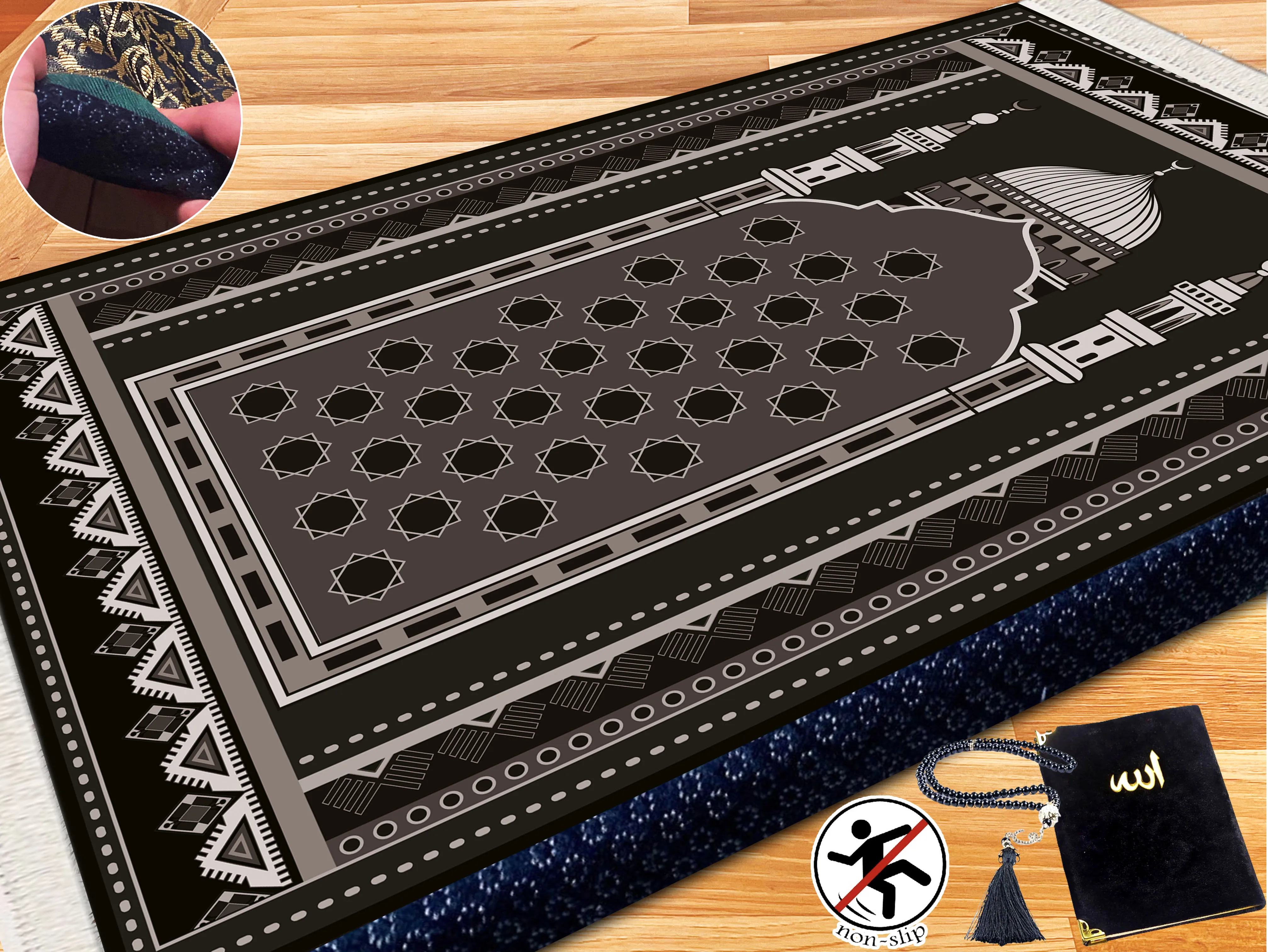 

Extra Thick Foam Padded Turkish Black White Prayer Rug, Luxury Yaseen, Soft Praying Mat Carpet & Pearl Tasbeeh, İslamic Gift Set