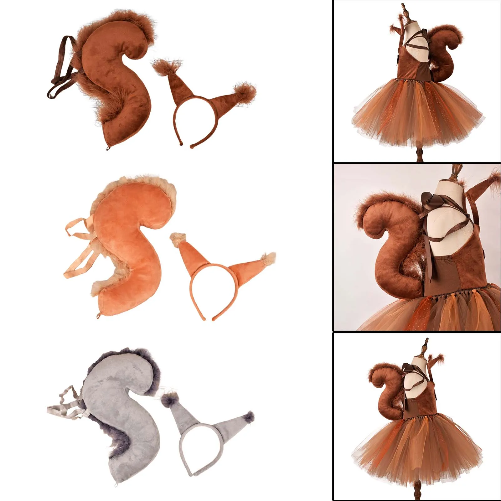 Animal Squirrel Tail Costume Kit Kids Cosplay Hairband for Carnival Halloween Children Costume Accessories Hair Hoop Headdress