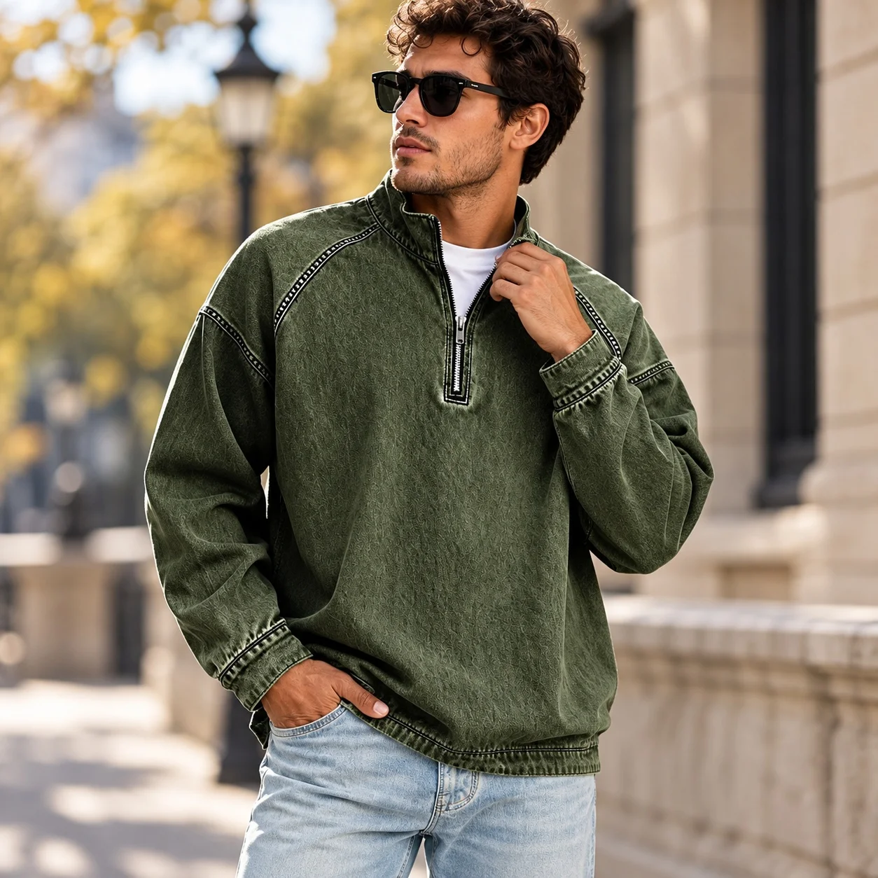 Zipper Not Hooded Set Casual with Washed Finish Winter Patchwork Detail Stand Collar Regular Sleeve Long Sleeve Daily for Men