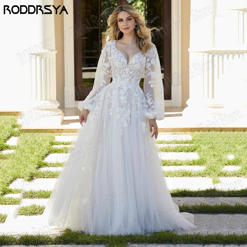 Roddrsya Trouwjurk Applicaties Lantaarn Mouwen Boho Bridal Partij Jassen Tulle Lace Sweep Trein Romantiek Backless Robe De Mariee Bruidsjurk Appliques Lantaarn Mouw Boho Bruids Party Jurken Tule Kant Sweep Train Romanc