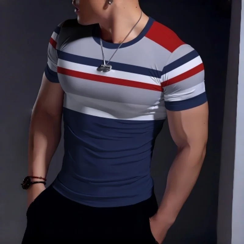 Herren Rot-Weiß-Marineblau Gestreiftes Colorblock T-Shirt Lässiges Kurzarm Muscle Fit Tee Fitness Workout Alltagskleidung Modisches Sportliches T-Shirt
