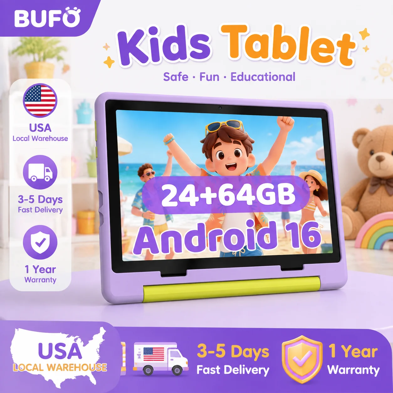 BUFO Kids Tablet 10.1 Inch Five Core Processor 24GB(3+21) RAM 64GB ROM Android 16 IPS HD Display 6000mAh Battery Parental Control Dual Camera TF 1TB Expand WiFi Children Learning Gaming Tablet Only Tablet